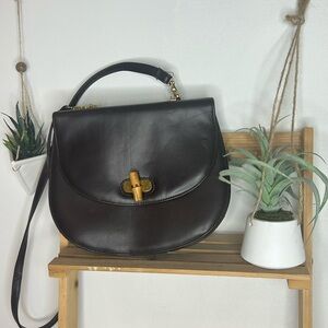 Women's Dark Brown Leather Shoulder Bag with Bamboo Turn-Lock